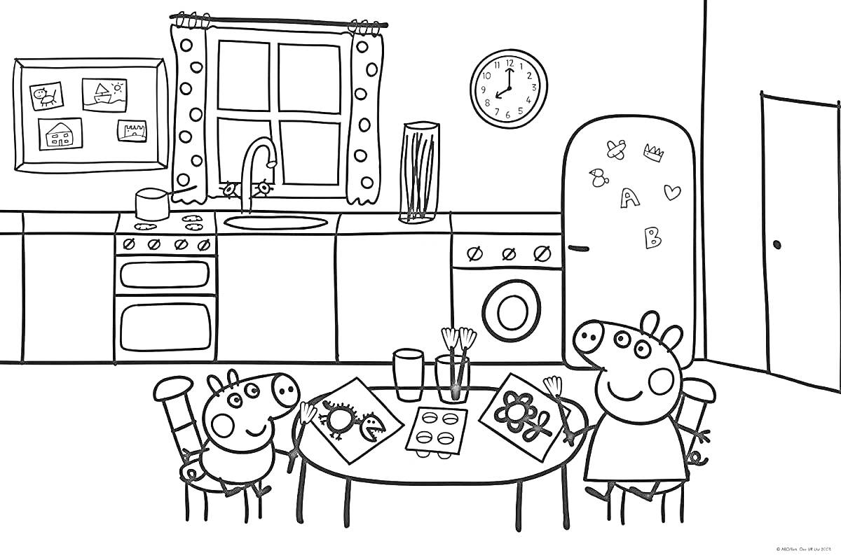 Раскраска Кухня с мебелью и аксессуарамиЭлементы: два стола (обеденный стол и рабочая поверхность), три стула, холодильник, духовка, микроволновка, раковина, окно с занавесками, шкафы, настенные часы, стиральная машина, трое персонажей за столом