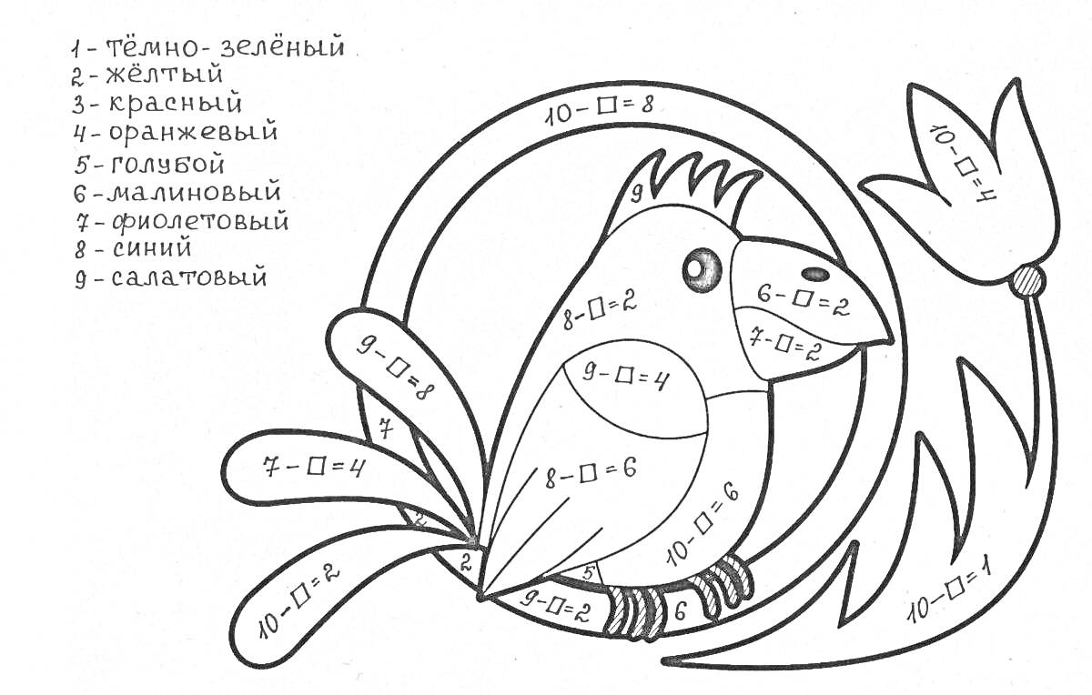 На раскраске изображено: Математика, Примеры, Сложение, Вычитание, До 10, Птица, Обучение, Цифры