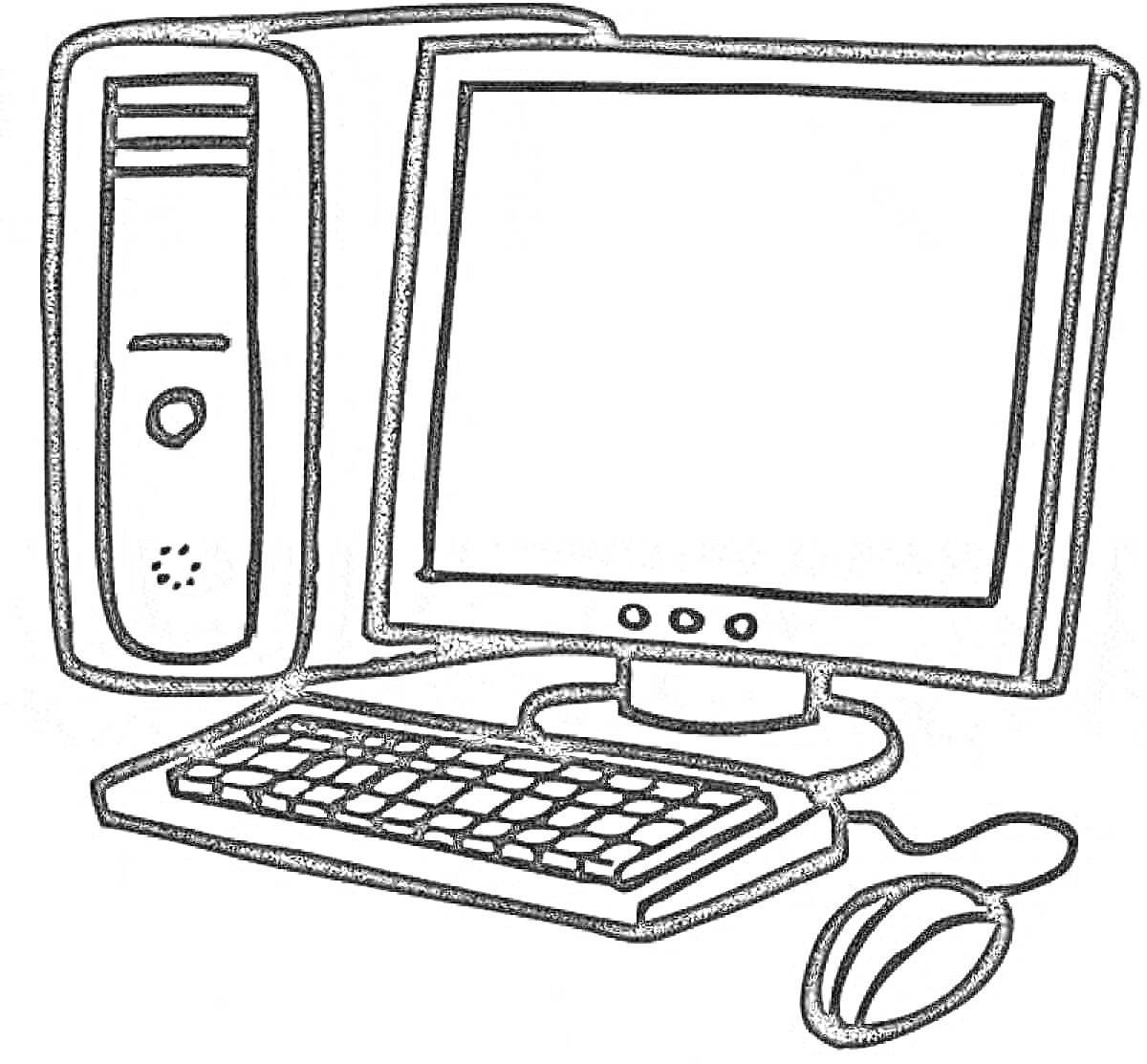 На раскраске изображено: Компьютер, Системный блок, Монитор, Клавиатура, Мышь, Техника, Для детей