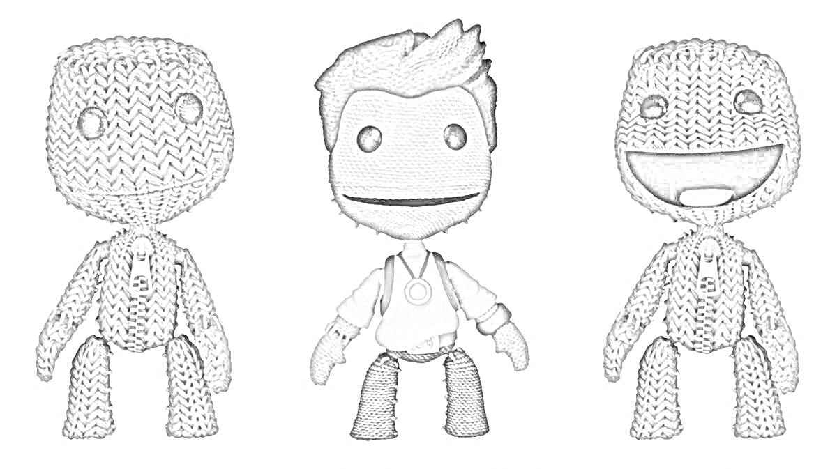 Раскраска Три персонажа сэкбой: левый с закрытым ртом, средний с прической и медальоном, правый с открытым ртом.