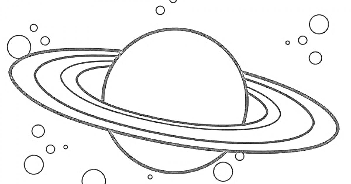 Раскраска Планета с кольцами и космическими объектами вокруг