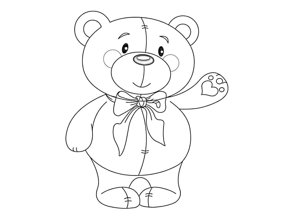 На раскраске изображено: Олимпийский мишка, Медведь, Бант, Приветствие