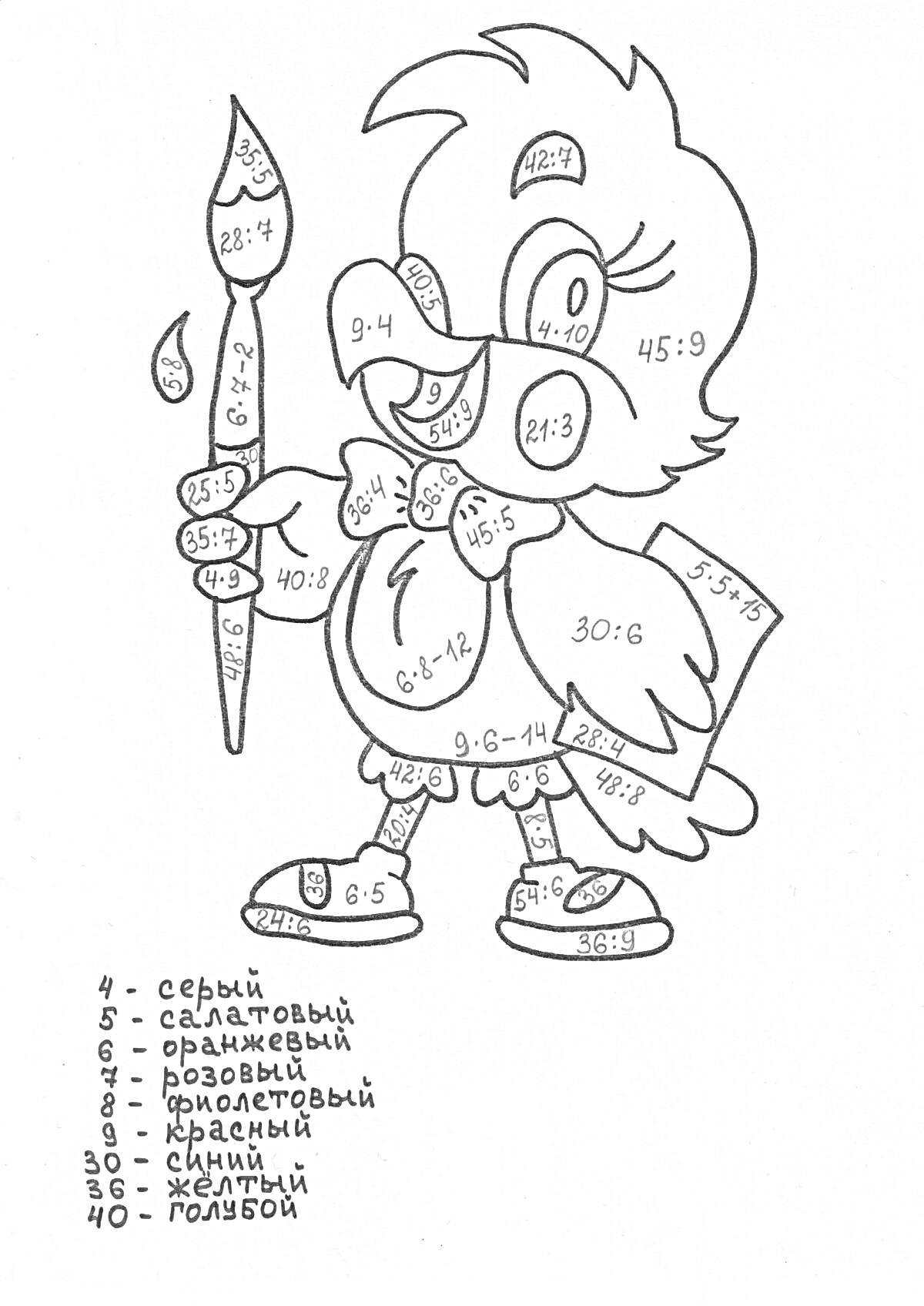 Раскраска Птица с кистью и краской, таблица умножения и деления для 3 класса