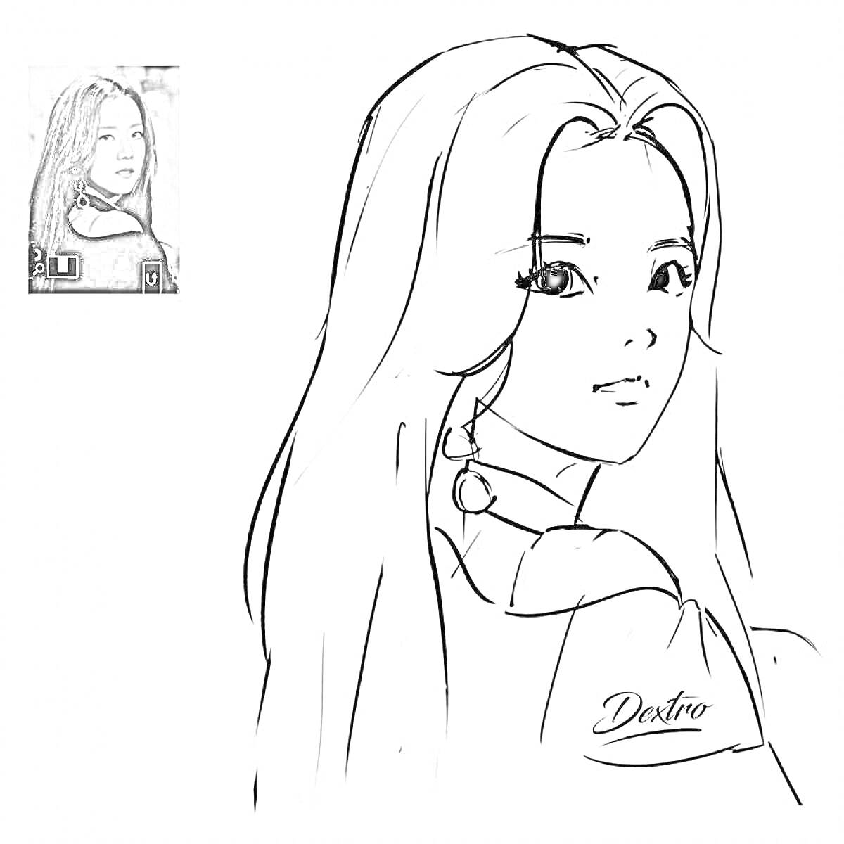 РаскраскаЧёрно-белое изображение девушки с длинными волосами в профиль с серьгами, фото для раскраски, маленькое фото на фоне.