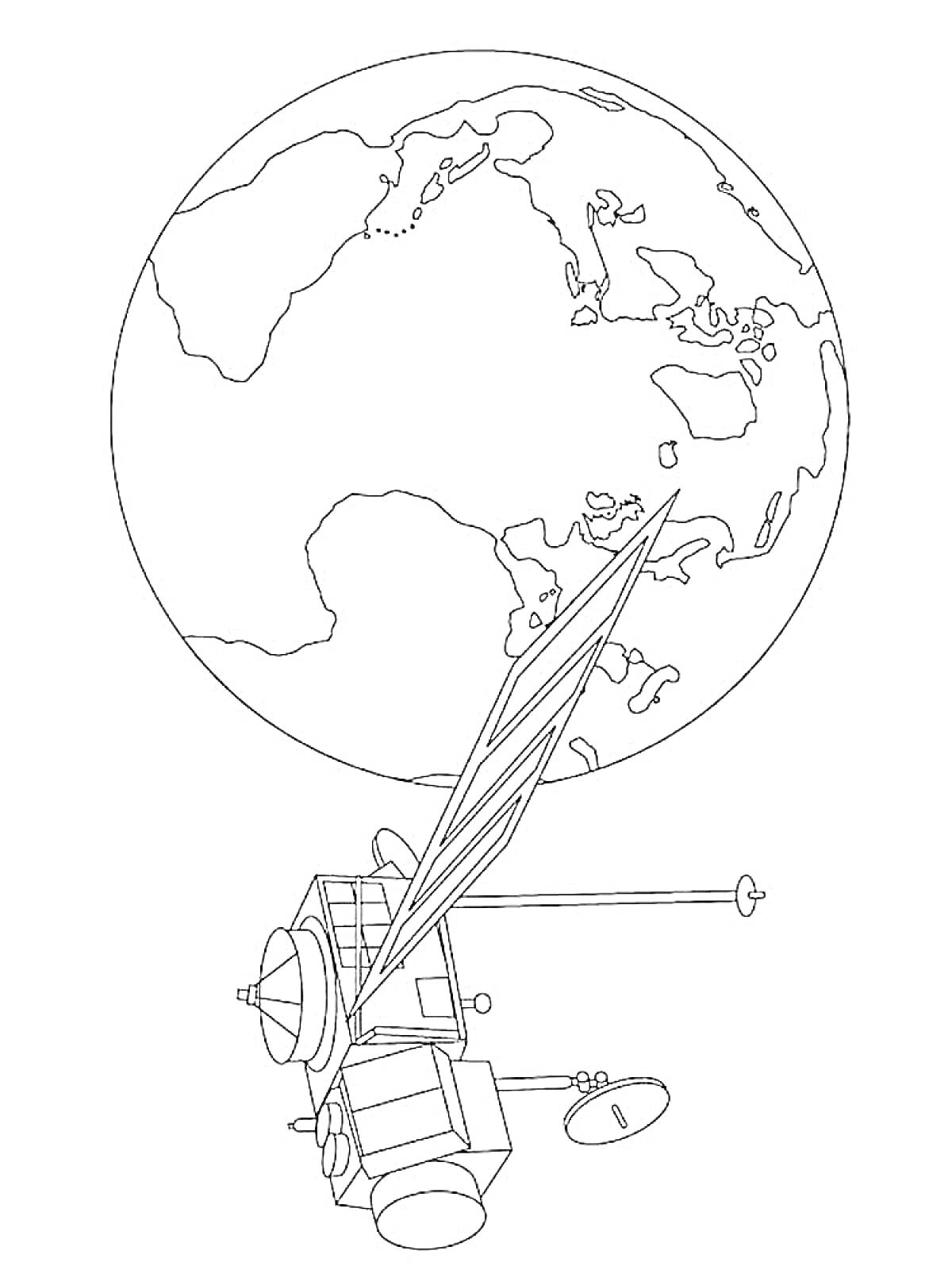 На раскраске изображено: Земля, Космос, География, Техника, Планеты, Линии, Орбиты, Контурные рисунки, Спутники