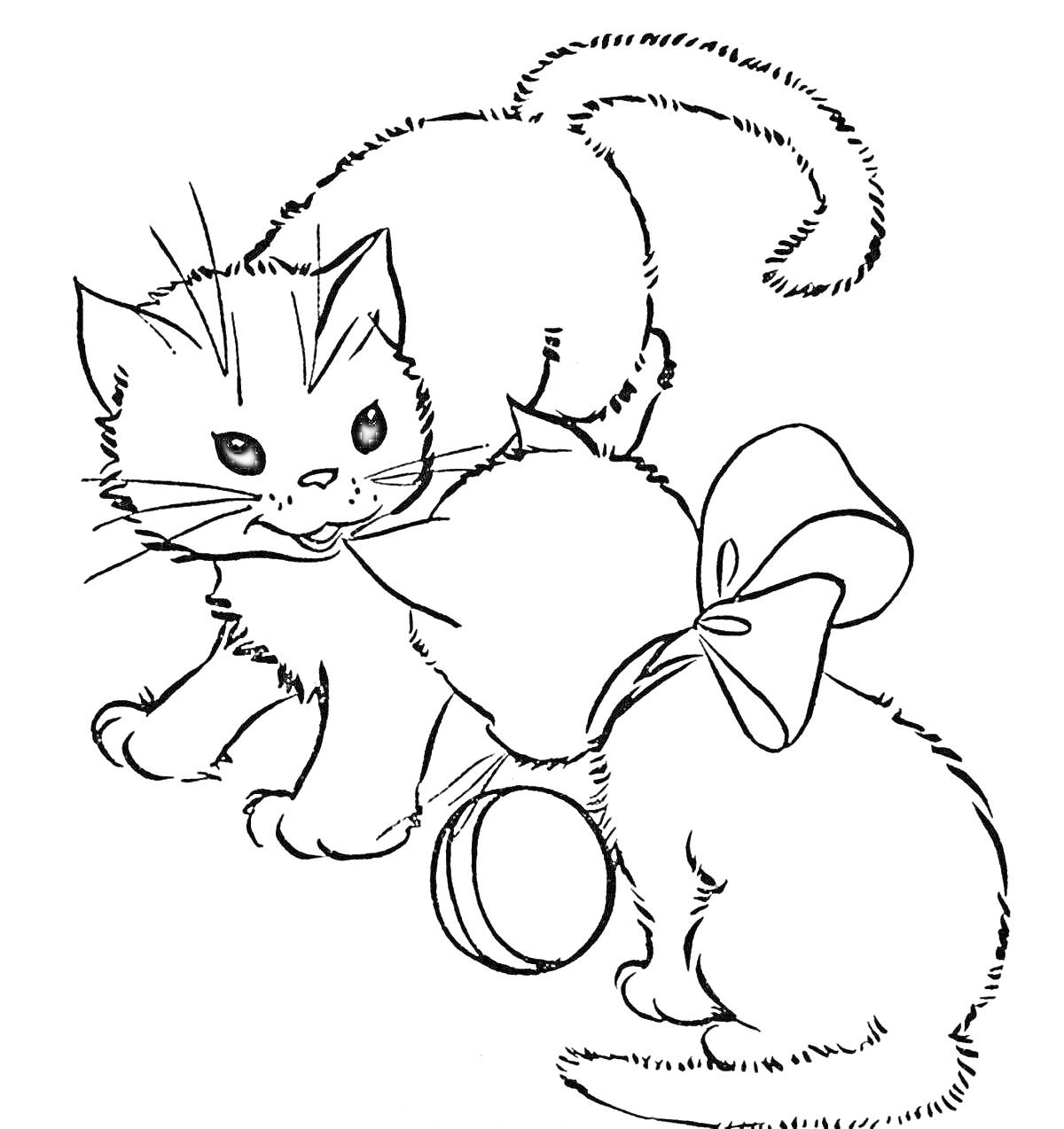 Раскраска Два котёнка с бантом и мячом