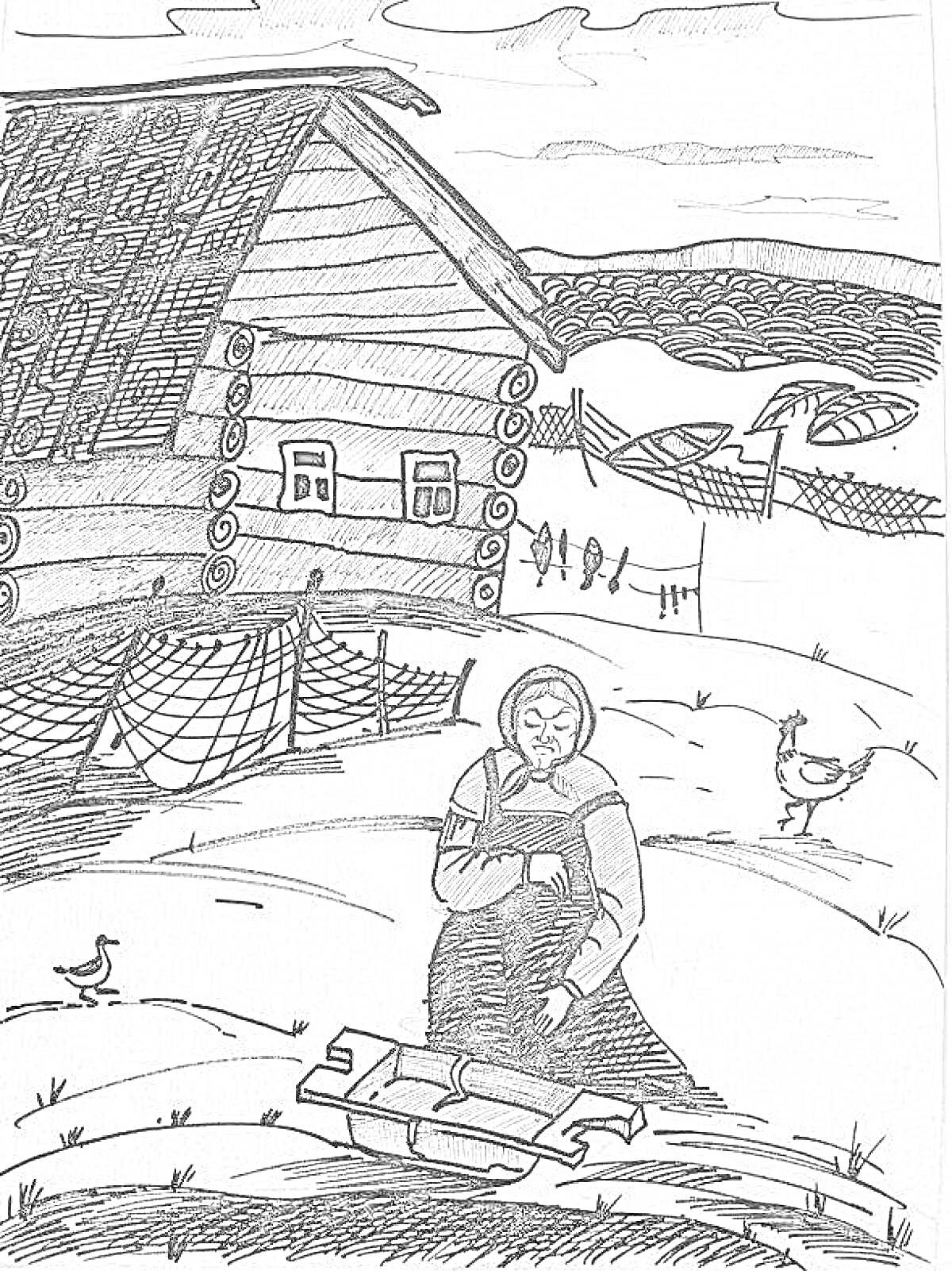 На раскраске изображено: Старуха, Разбитое корыто, Дом, Природа, Сельская местность, Забор, Деревья, Поле