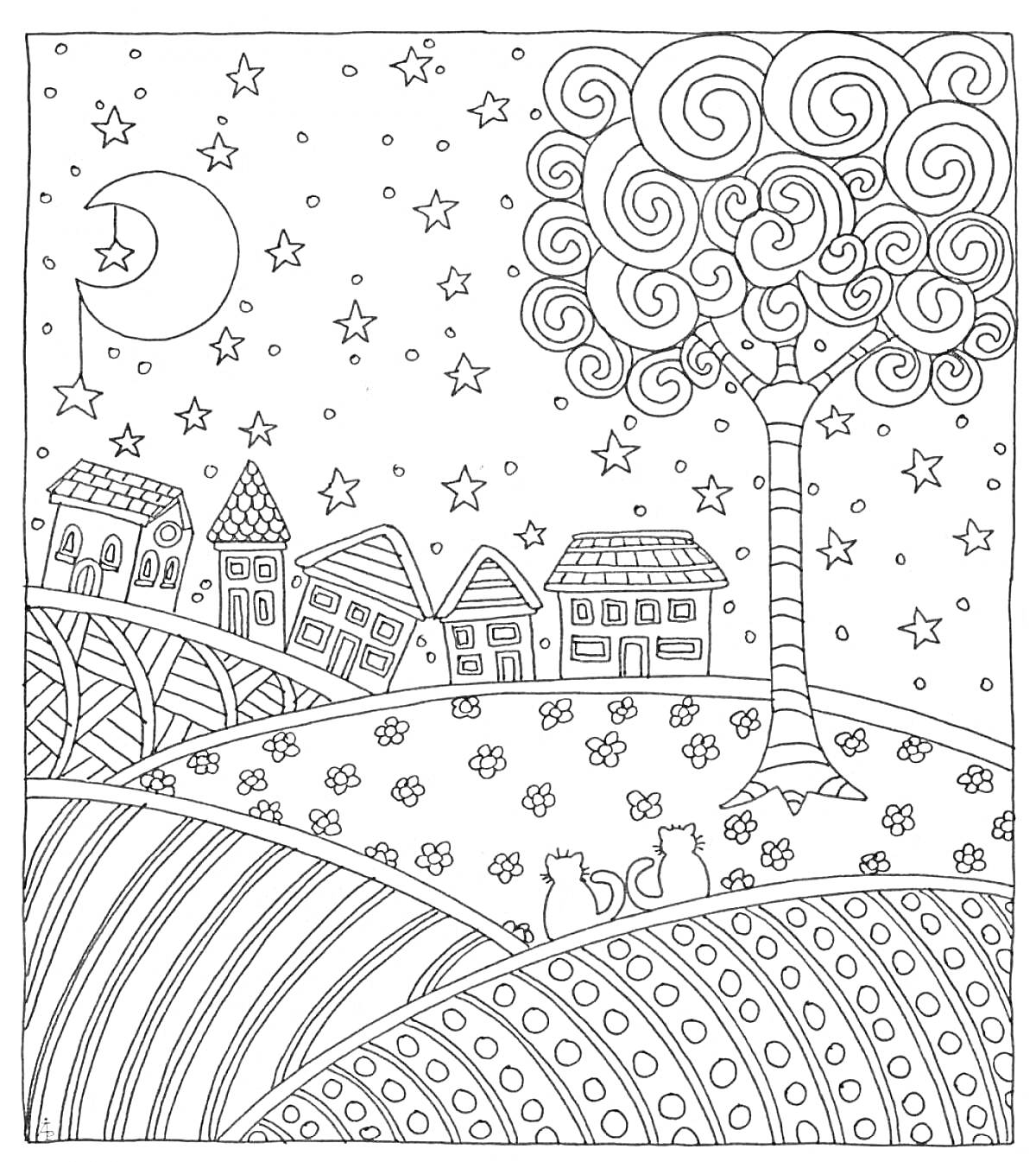 Раскраска Дерево и два кота на холме ночью под звездным небом с луной и домами