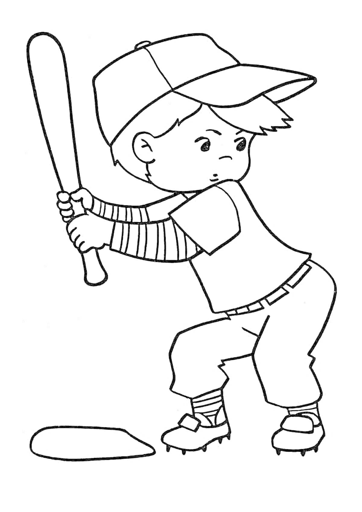 На раскраске изображено: Бейсбол, Ребенок, Бейсбольная бита, Бейсболка, Спортивная форма, Спорт