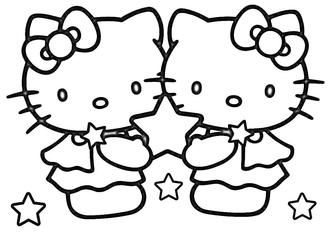 Раскраска Две Китти в платьях с бантиками, держащие звезды, с тремя дополнительными звездами