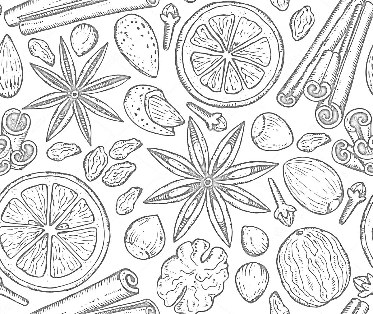 На раскраске изображено: Корица, Грецкий орех, Лимон, Гвоздика, Миндаль, Изюм, Специи