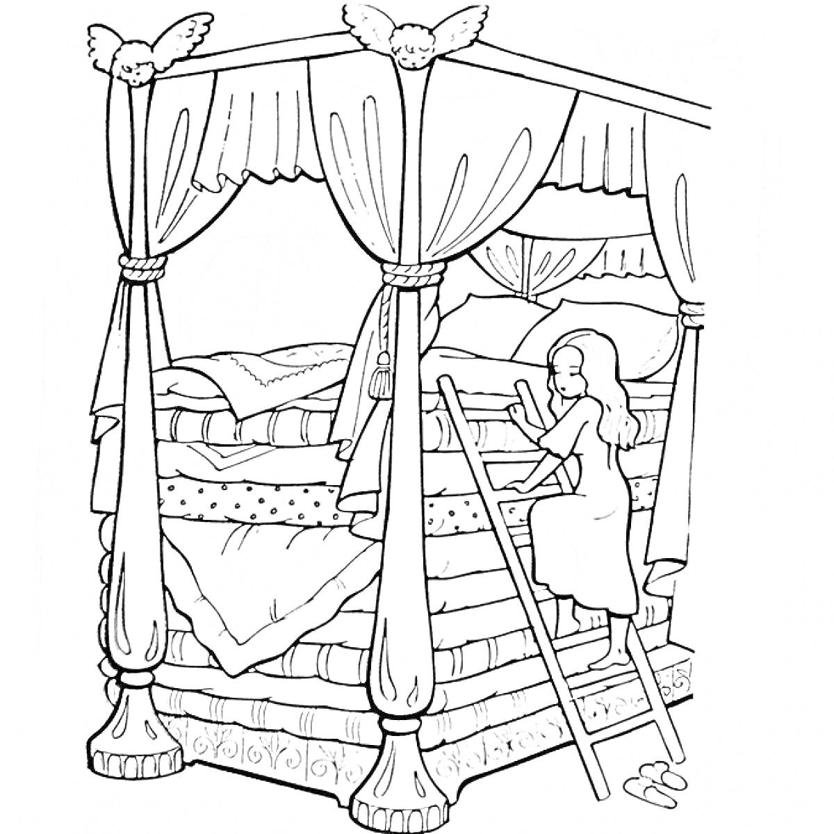 Раскраска Принцесса на горошине поднимается по лестнице к кровати с множеством матрасов и балдахином