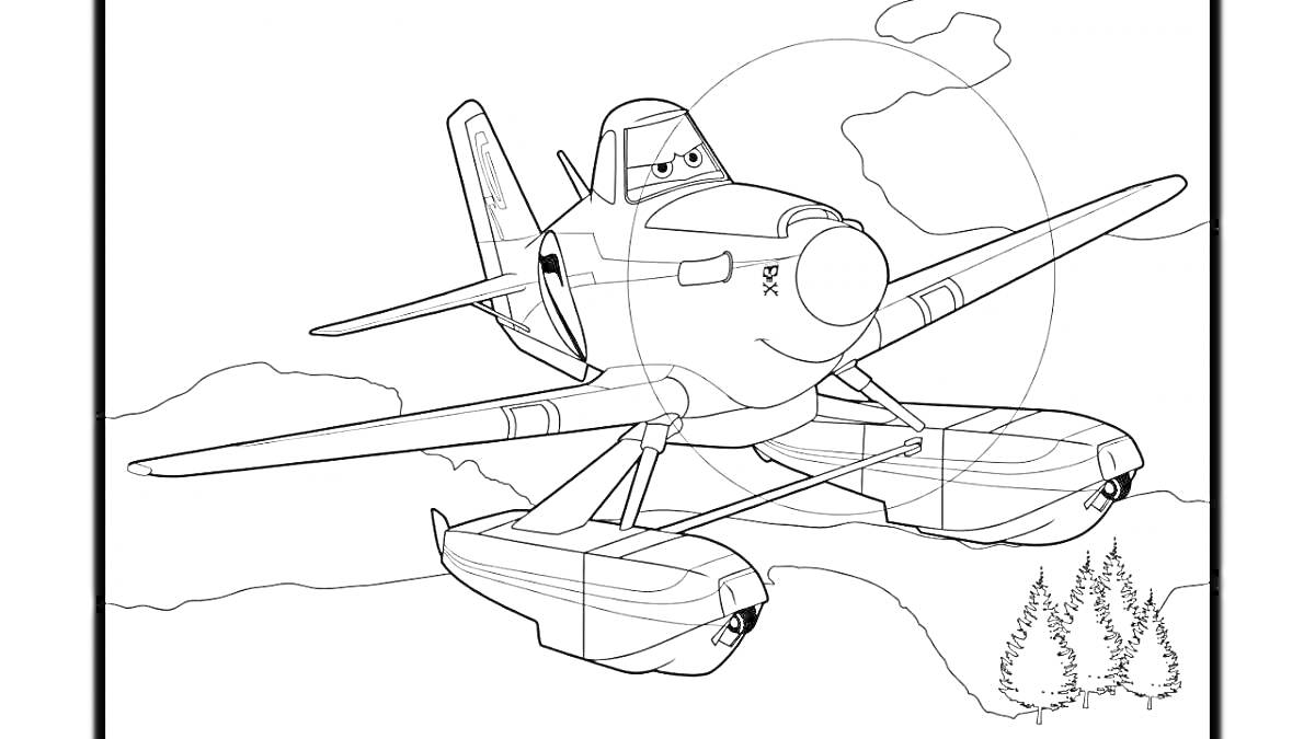 Раскраска Самолет с поплавками на фоне облаков и деревьев