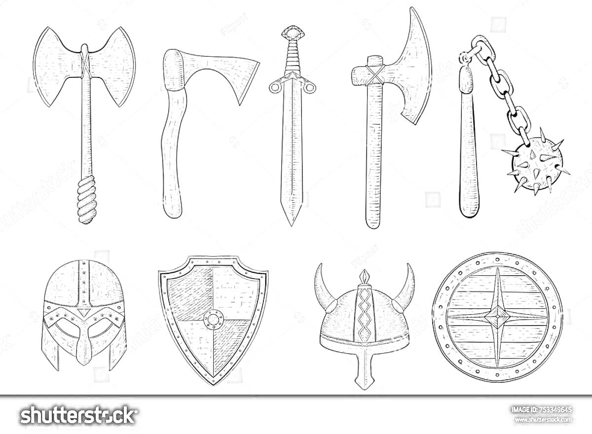 На раскраске изображено: Меч, Щит, Боевой шлем, Булава, Средневековье, Оружие, Доспехи