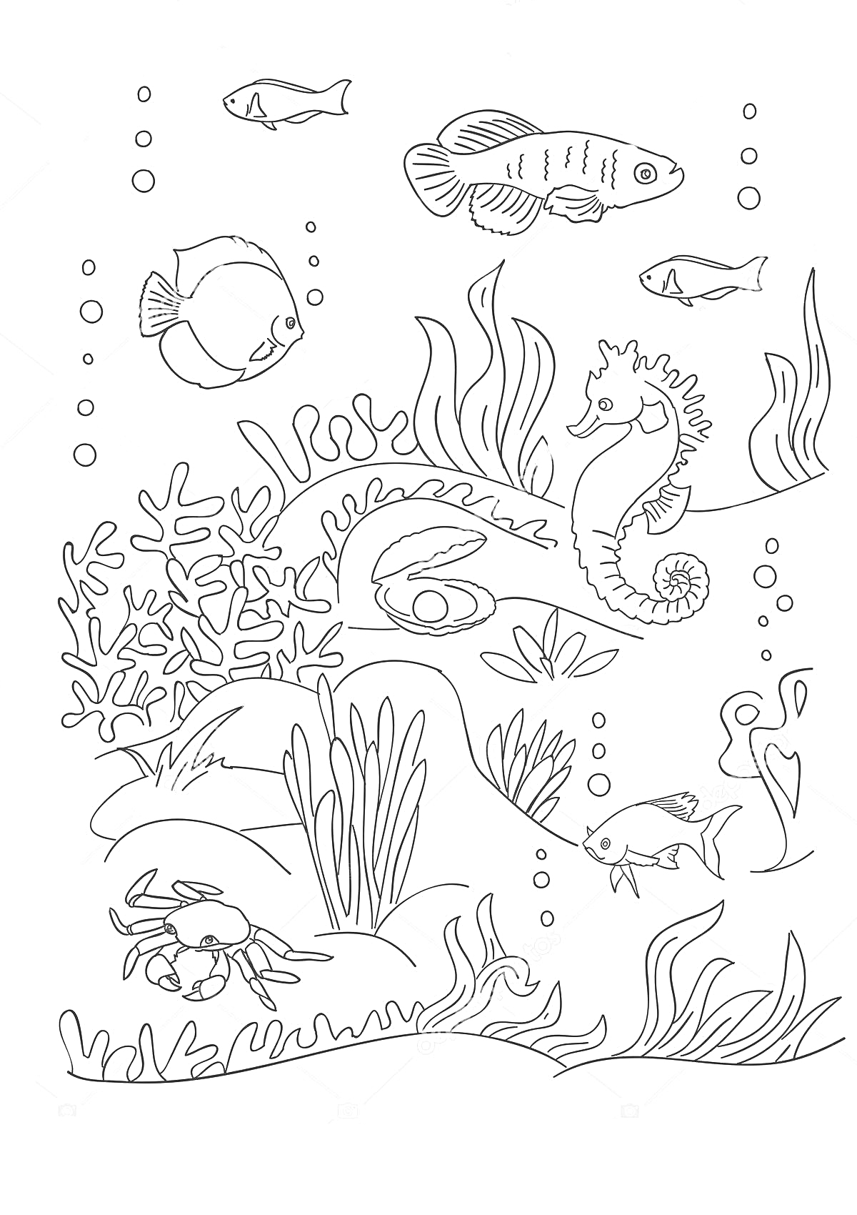 Морское дно с рыбами, крабом, морским коньком, водорослями и кораллами
