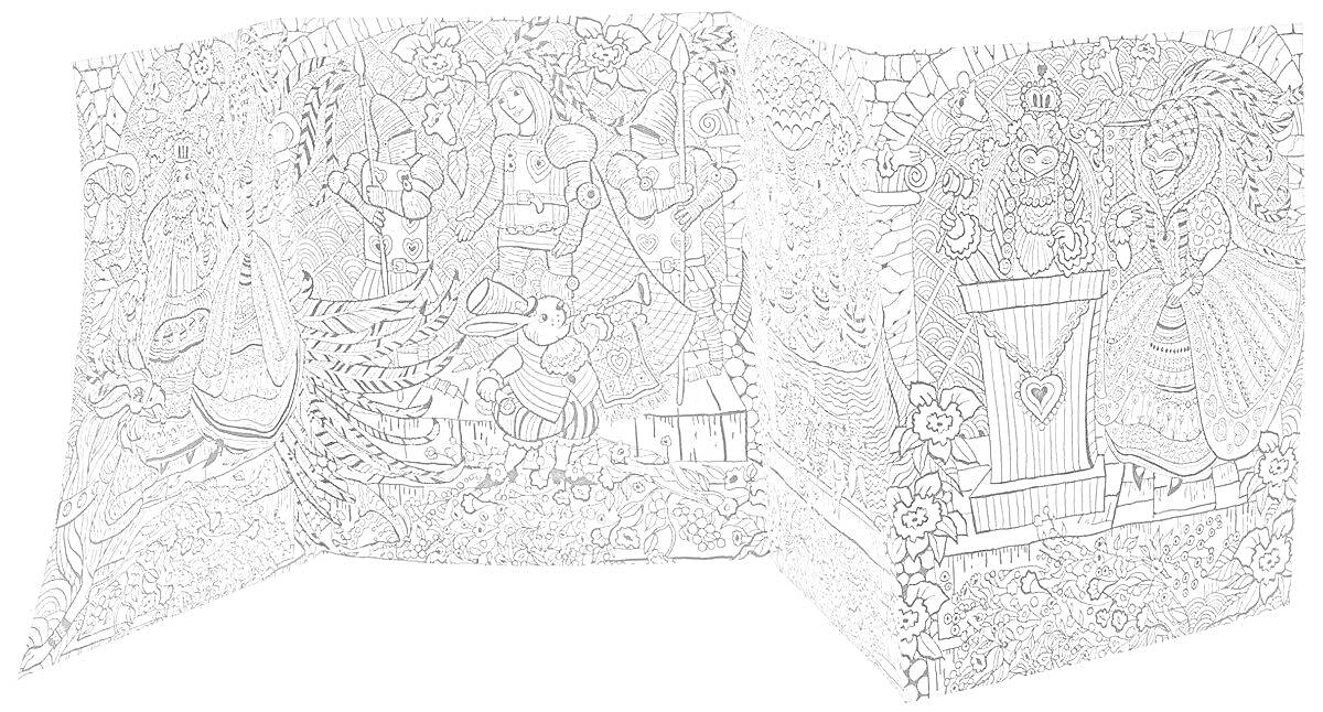 На раскраске изображено: Замок, Король, Трон, Цветы, Узоры