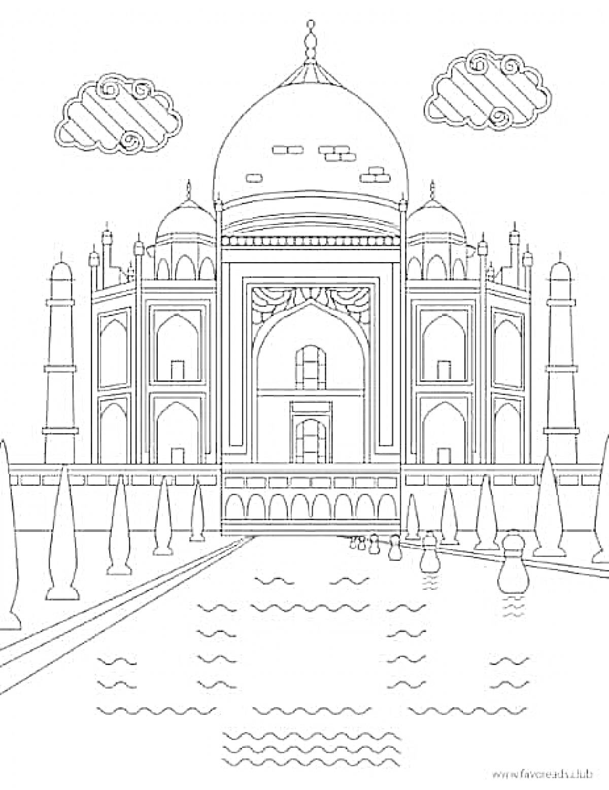 На раскраске изображено: Тадж-Махал, Архитектура, Водоем, Деревья, Облака, Индия