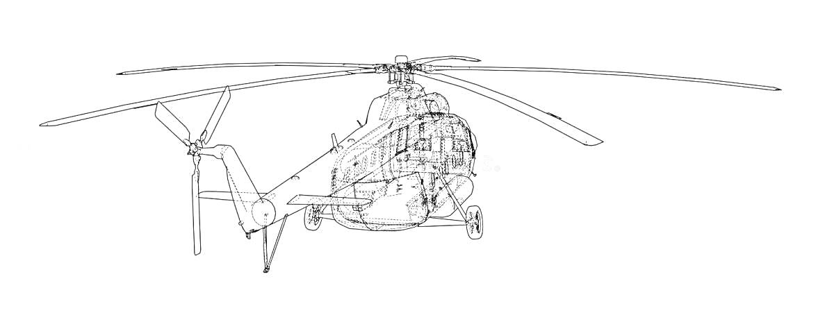Рисунок вертолета Ми-26 с главным и хвостовым роторами, фюзеляжем и системой шасси