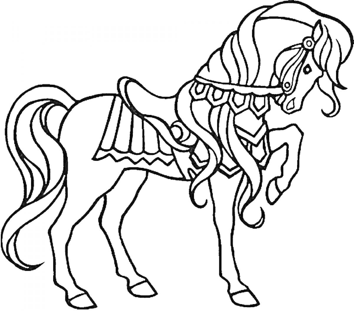 На раскраске изображено: Лошадь, Грива, Седло, Уздечка, Хвост, Контурное изображение, Животные, Для детей