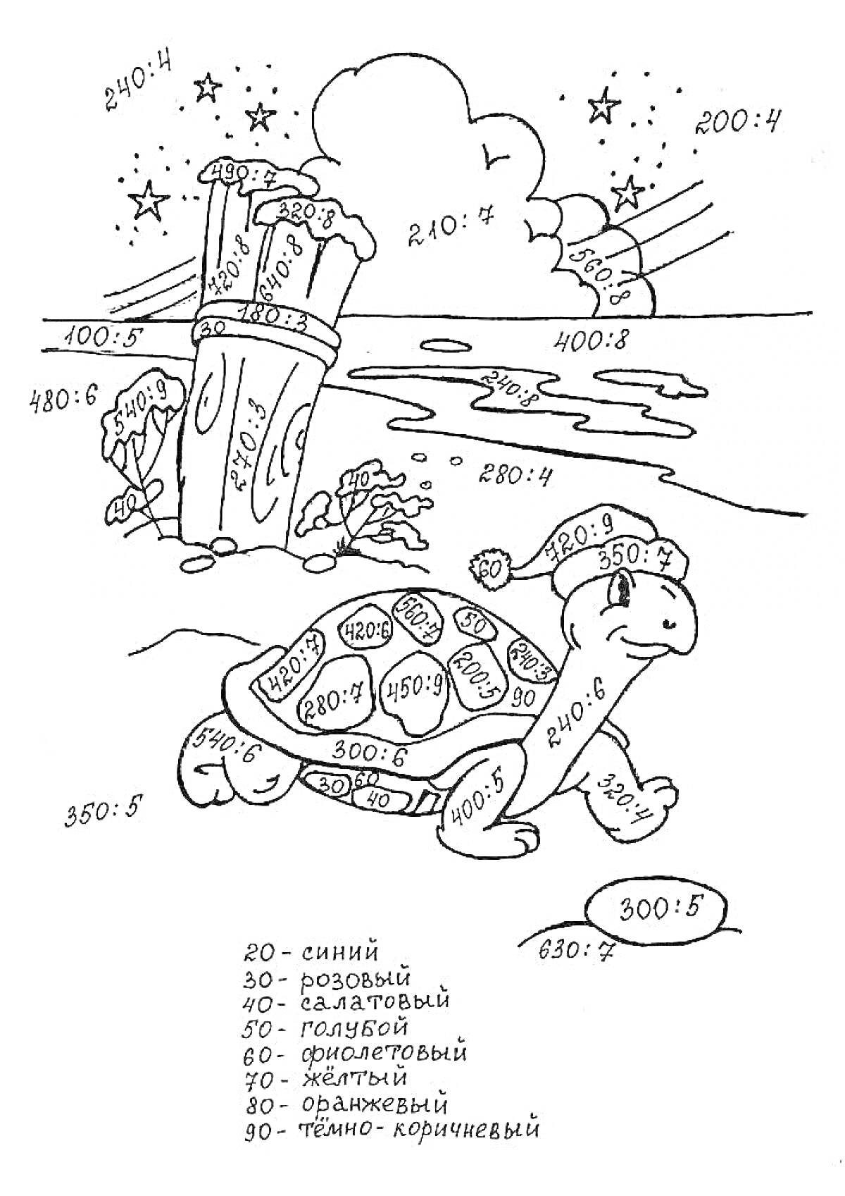 Раскраска Черепаха на берегу с математическими уравнениями и решением примеров