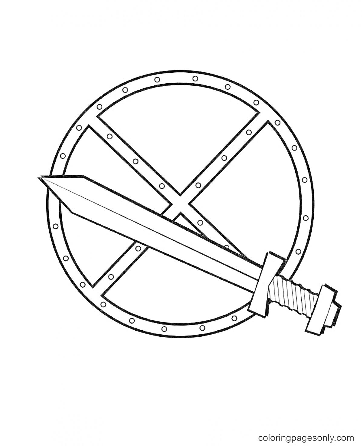На раскраске изображено: Щит, Меч, Круглый щит, Оружие, Средневековье, Клинок
