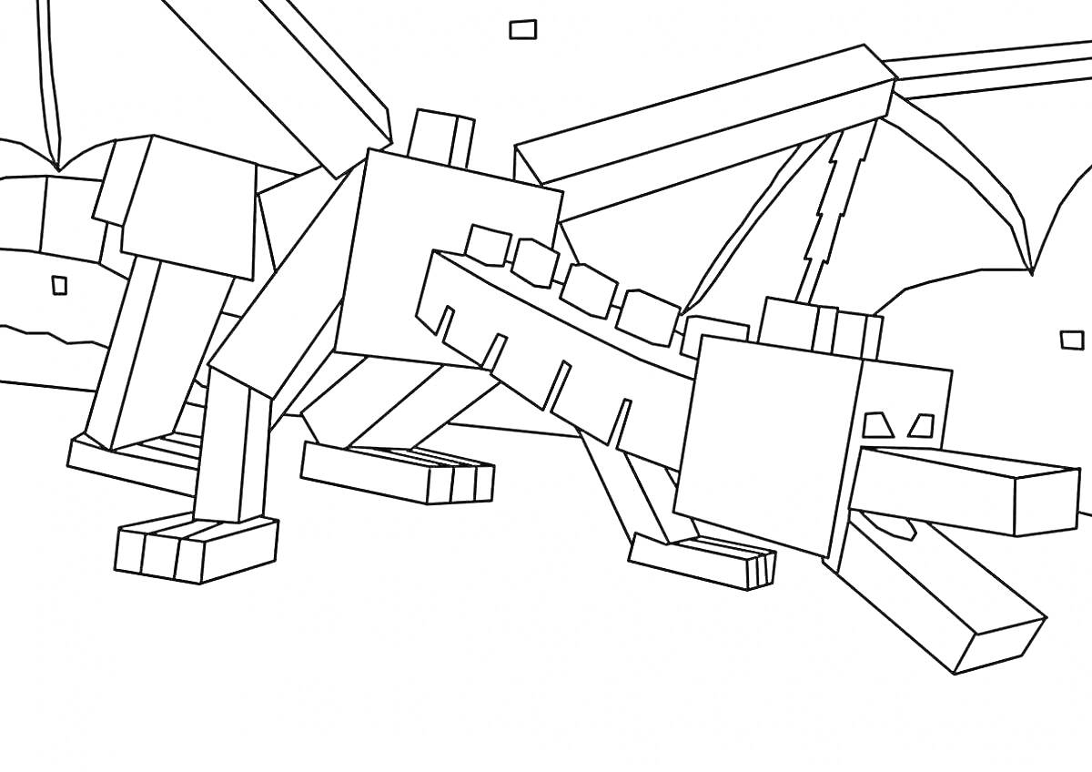 Раскраска Дракон из Майнкрафта с расправленными крыльями, на фоне минималистичных квадратных элементов