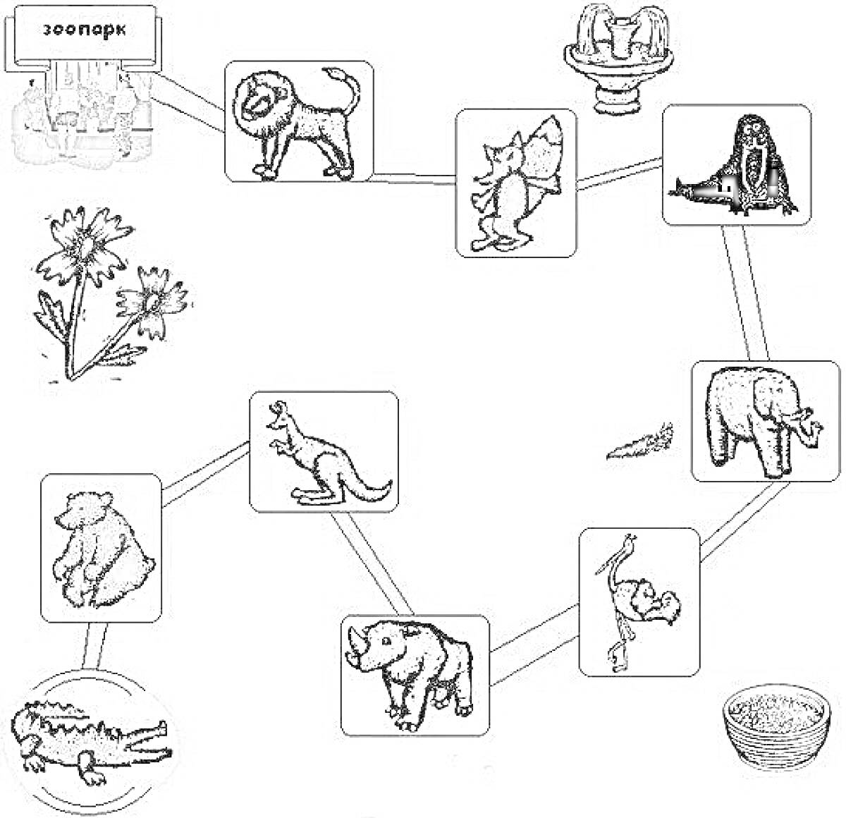 На раскраске изображено: Воробей, Зоопарк, Лев, Мышь, Фонтан, Осел, Слон, Крокодил, Медведь, Кенгуру, Носорог, Миска