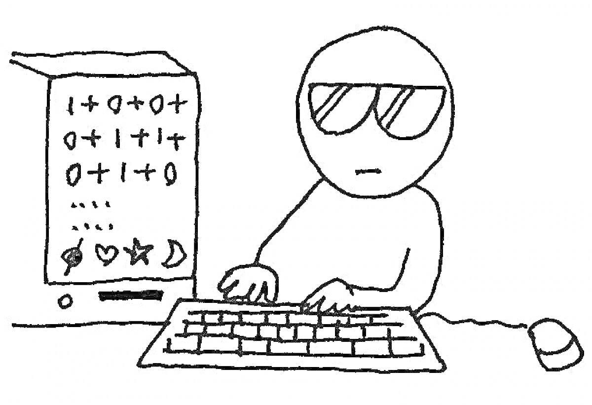 Раскраска Программист за компьютером в очках, с кодом на мониторе и мышью