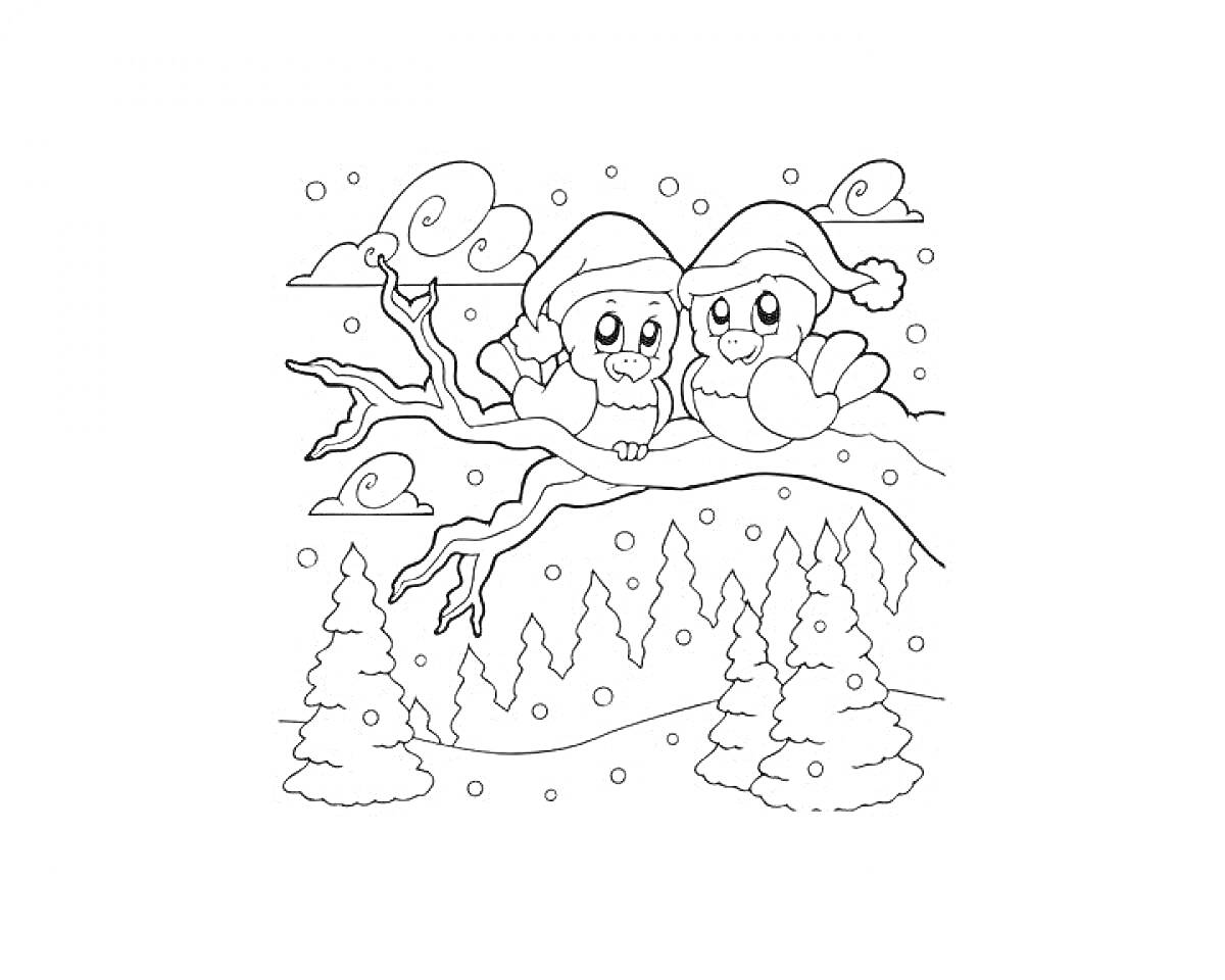 На раскраске изображено: Зима, Ёлки, Снег, Ветка, Облака, Снегопад