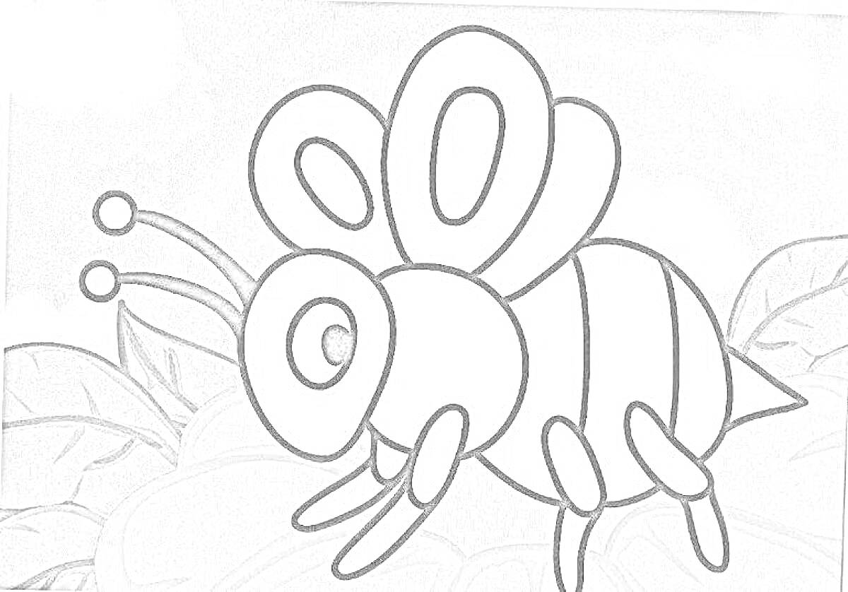 Раскраска Пчелка на цветке на фоне листьев и облаков