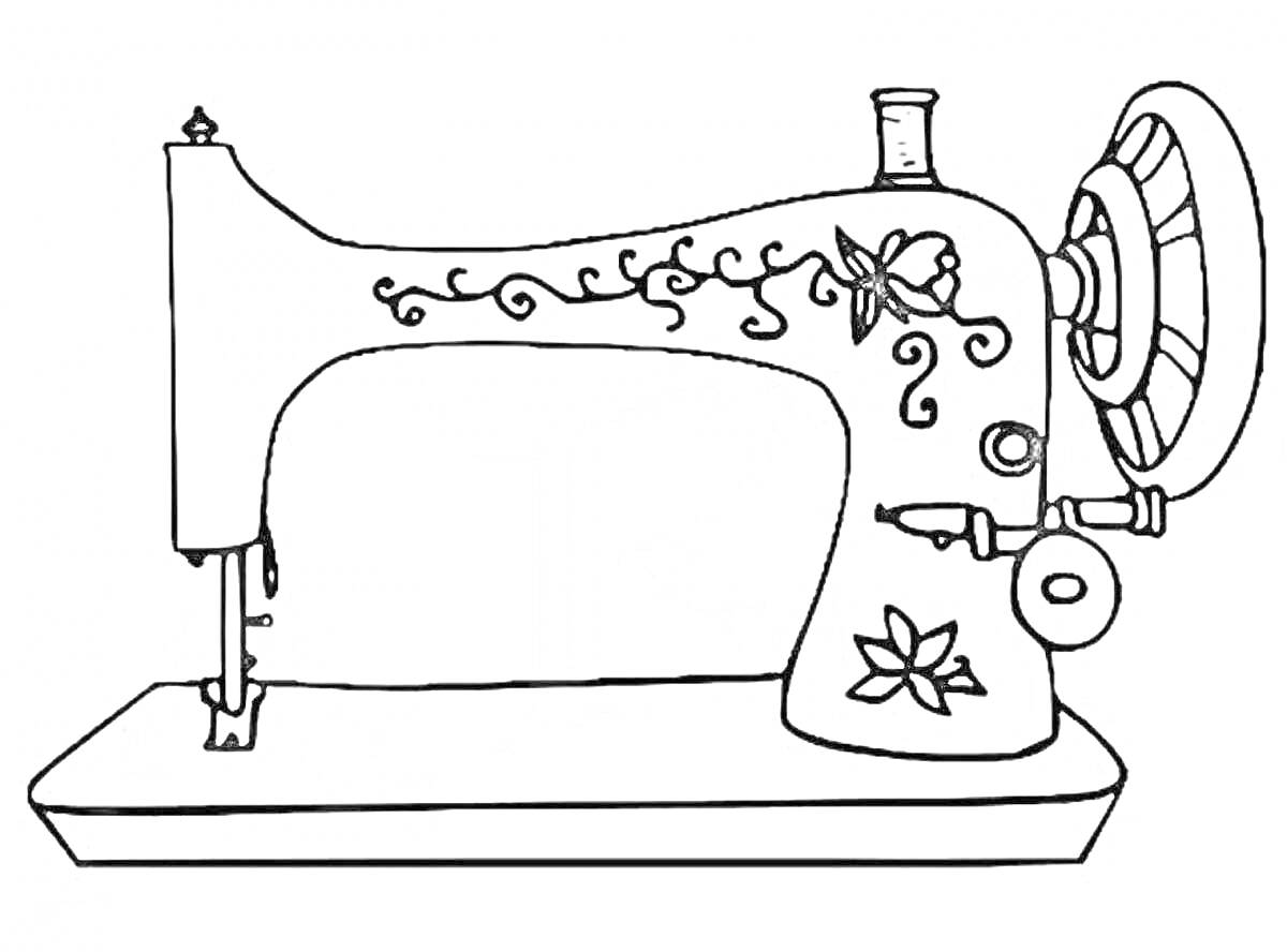 Раскраска Винтажная швейная машина с цветочными орнаментами и ручным колесом