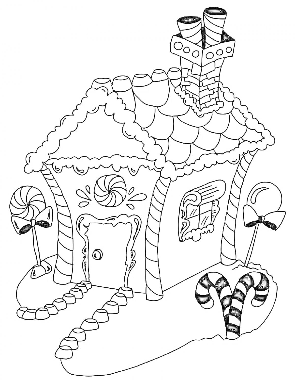 На раскраске изображено: Домик, Конфеты, Леденцы, Дверь, Крыша, Дымоход, Новогодний домик