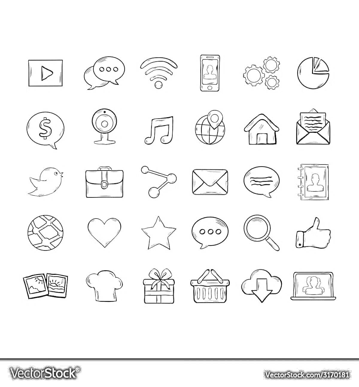 Набор иконок для мобильных приложений: плей видео, сообщения, вай-фай, телефон, настройки, диаграмма, доллар, веб-камера, музыка, глобус, дом, почта, твиттер, портфель, сеть, электронная почта, мессенджер, контакты, сердце, звезда, поиск, файл, новости, к