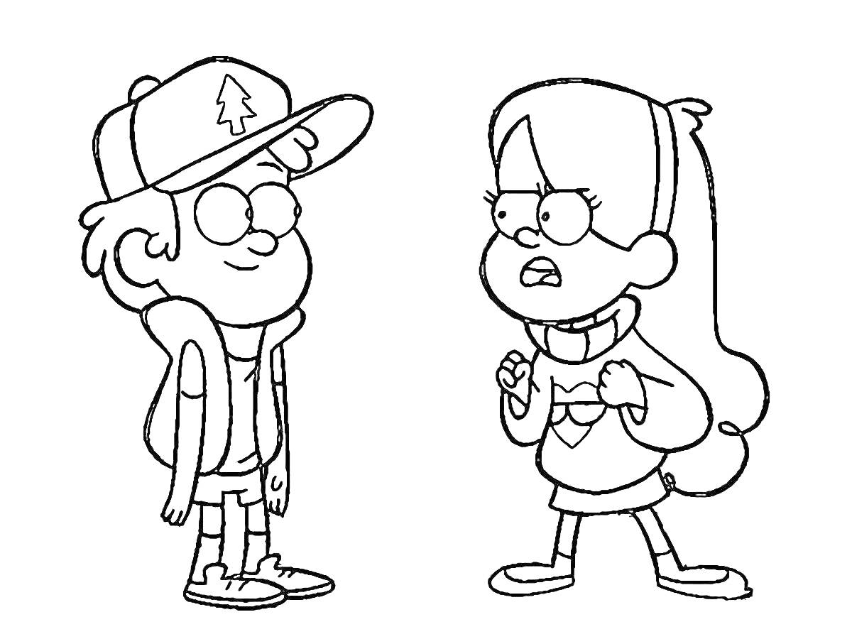Раскраска Два персонажа из Гравити Фолз: мальчик в кепке и девочка в свитере.