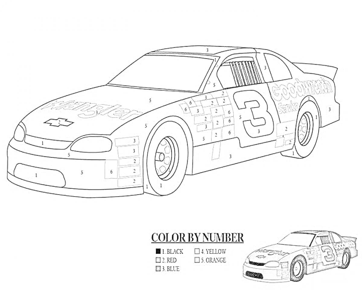 Раскраска Гоночная машина с номерами для раскрашивания по номеру
