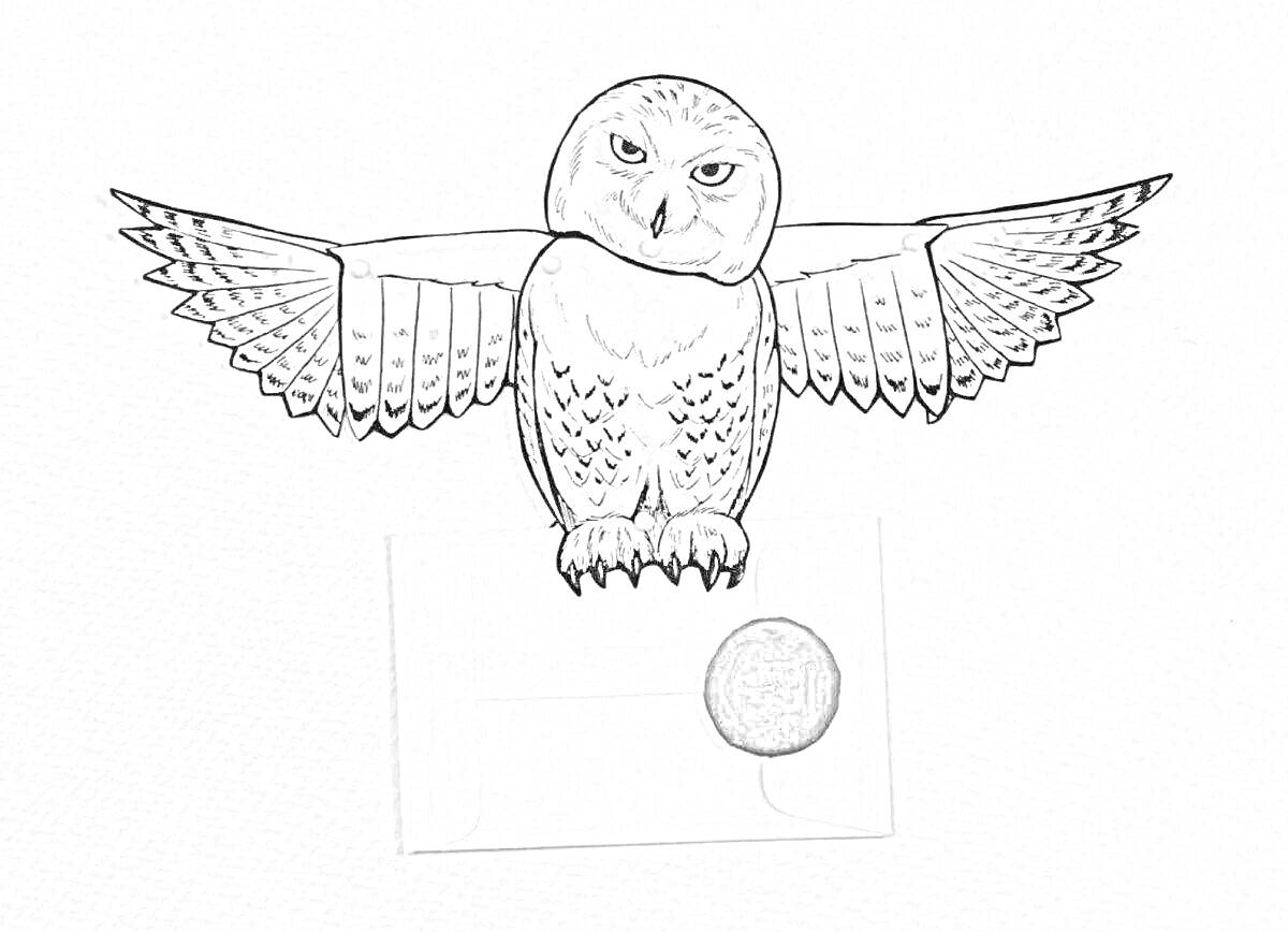 Раскраска Сова с распростертыми крыльями, держащая конверт с печатью