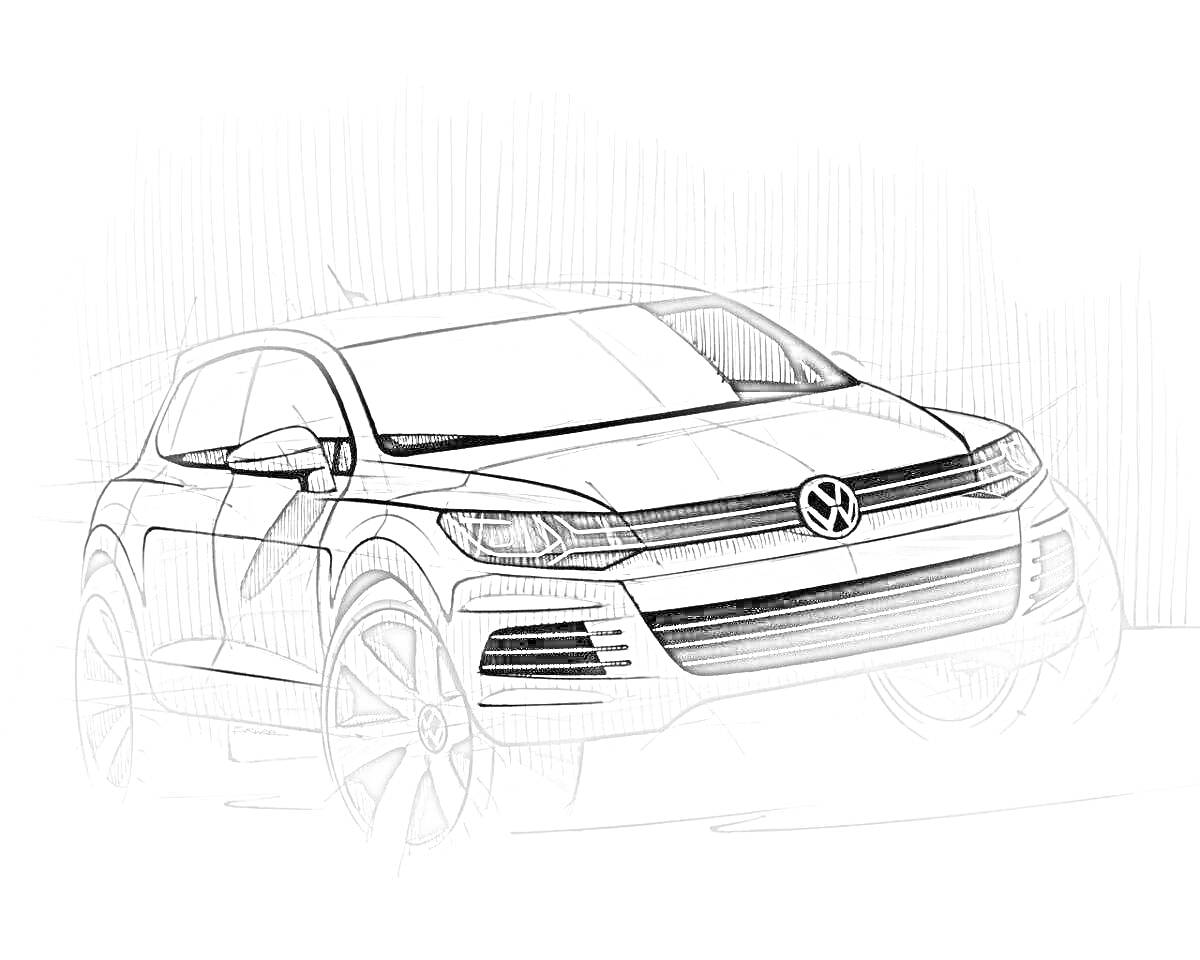 Раскраска Рисунок для раскраски автомобиля Volkswagen Touareg, изображение передней части машины, включая фары, решетку радиатора со значком, лобовое стекло, боковые зеркала и колеса.