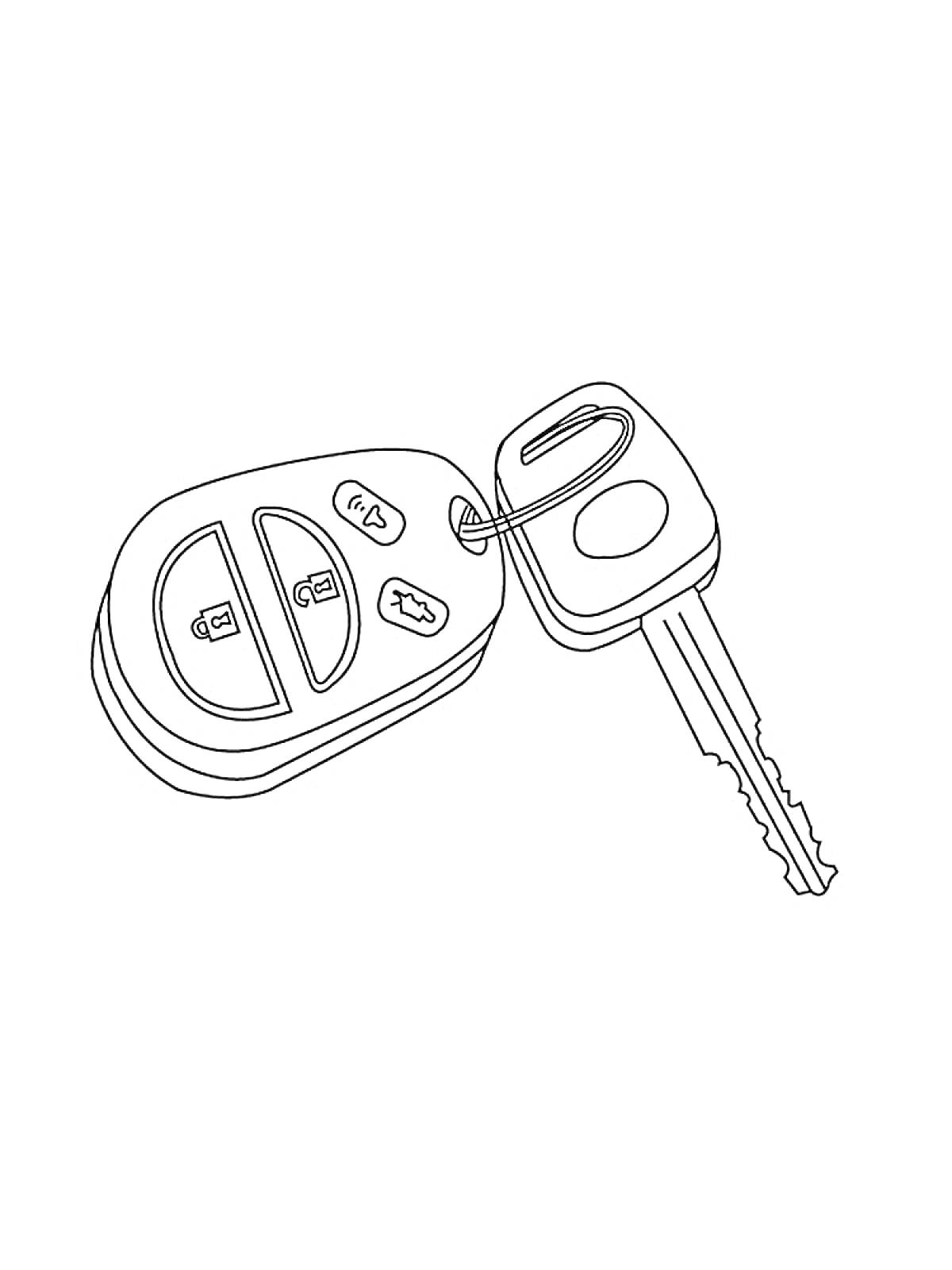 Раскраска Автомобильный ключ с брелоком, включающий кнопки блокировки и разблокировки дверей