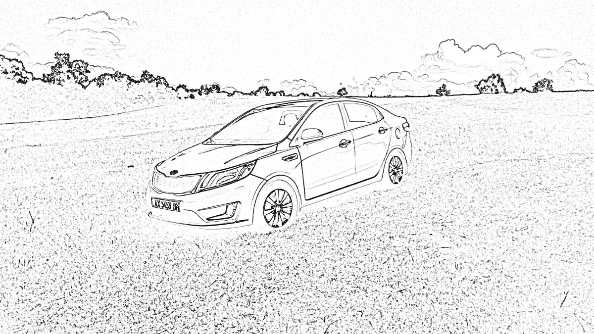Kia Ceed на лугу с облачным небом