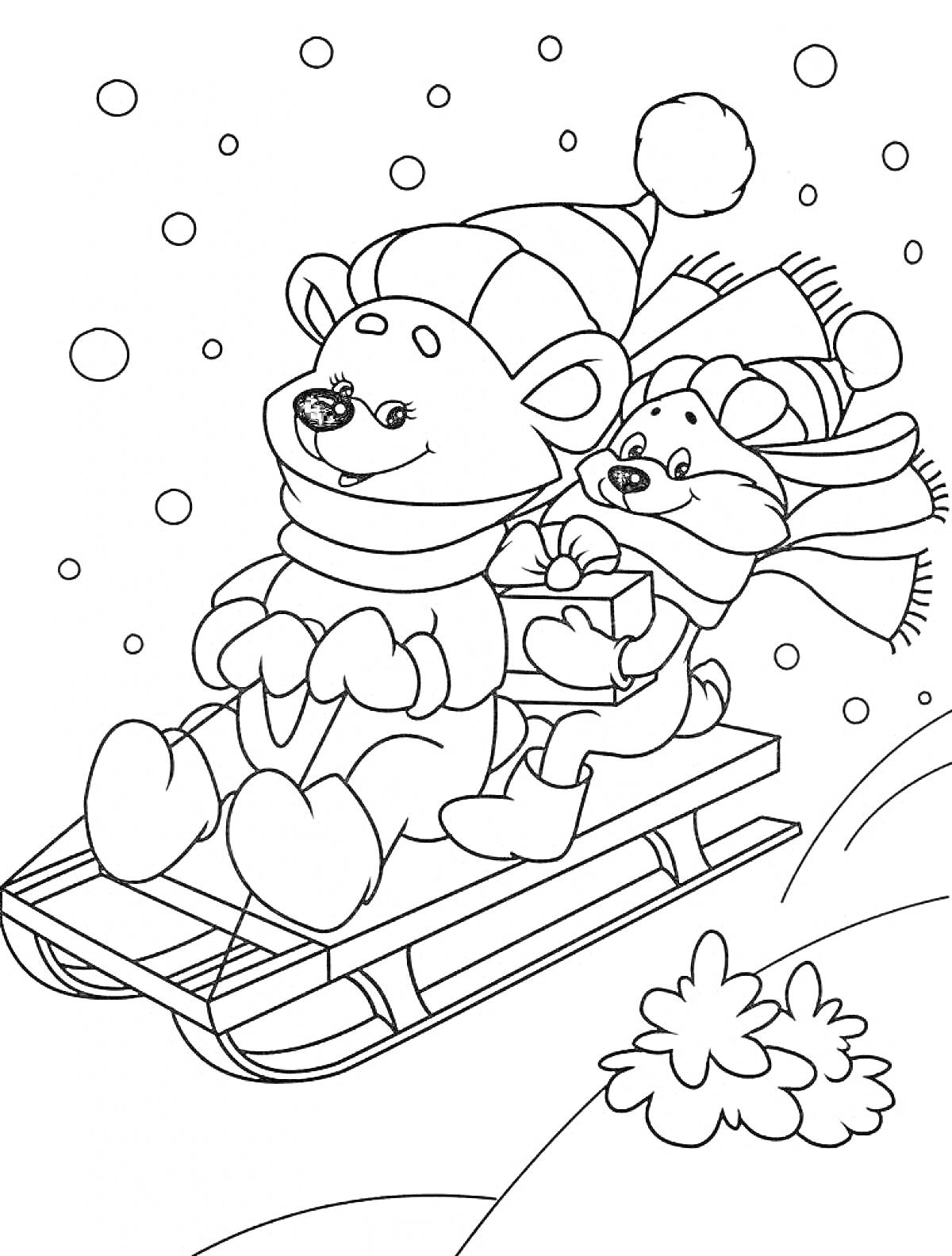 Раскраска Медведь и лисенок на санках в снежный день