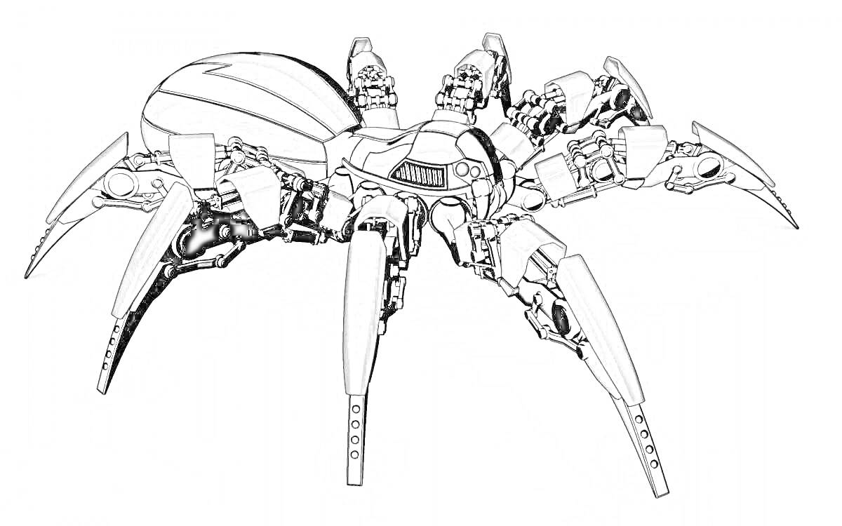 Раскраска робот паук с сегментированным телом и шестью длинными механическими ногами, элементы панциря, металлические суставы
