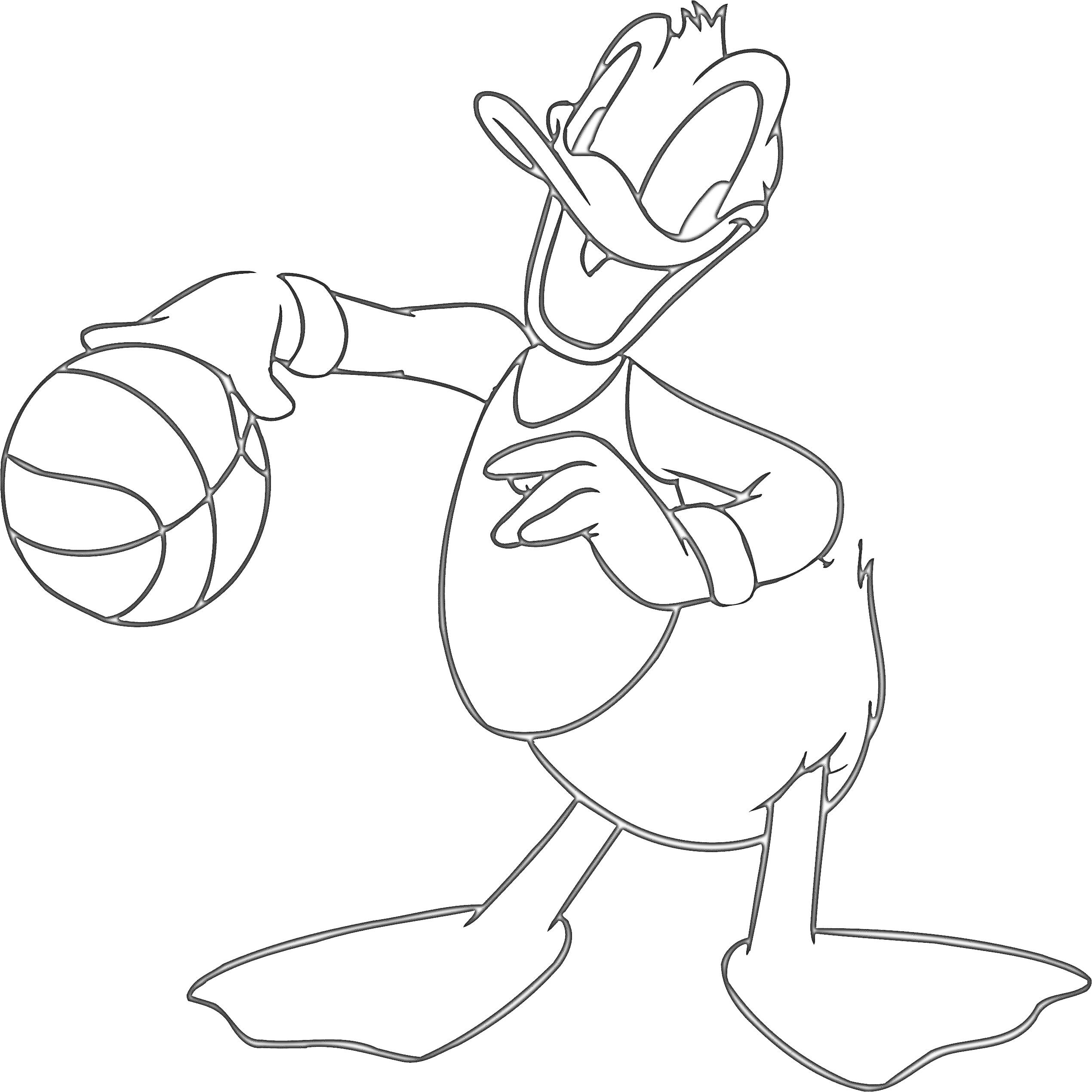 На раскраске изображено: Дональд Дак, Баскетбольный мяч, Мультипликационный персонаж, Утка, Спорт, Дисней, Для детей