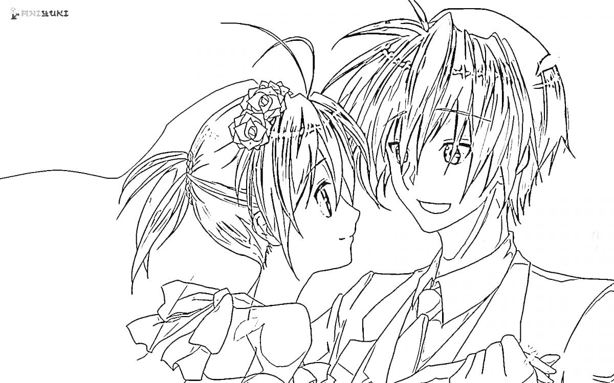 На раскраске изображено: Аниме, Мальчик, Девочка, Галстук, Платье, Бант, Цветы