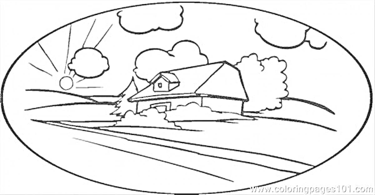 Раскраска Рассвет над домом на опушке с деревьями и облаками
