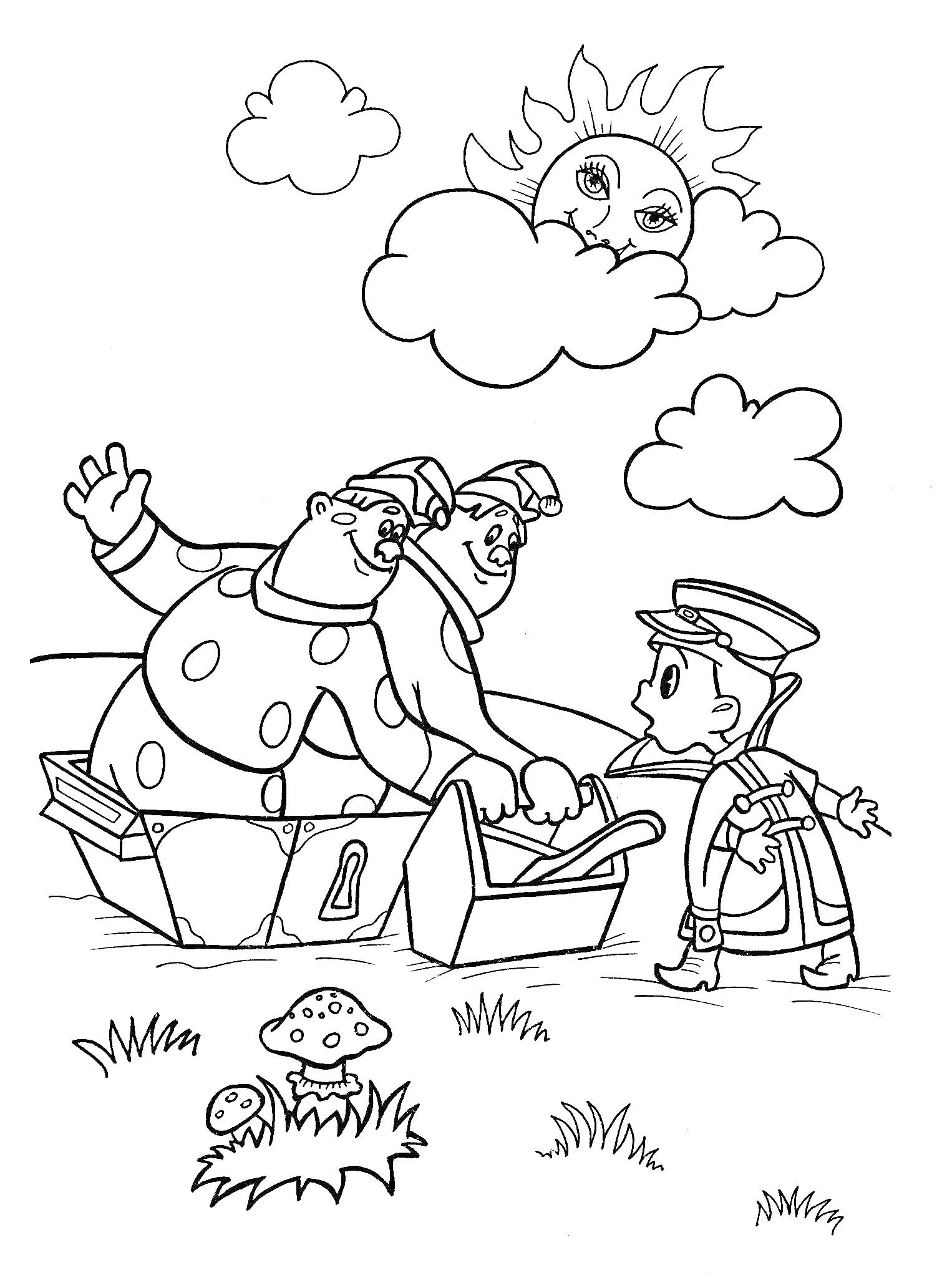 Раскраска Вовка встречается с двумя великанами, на заднем плане улыбающееся солнце и облака, грибок и травка внизу