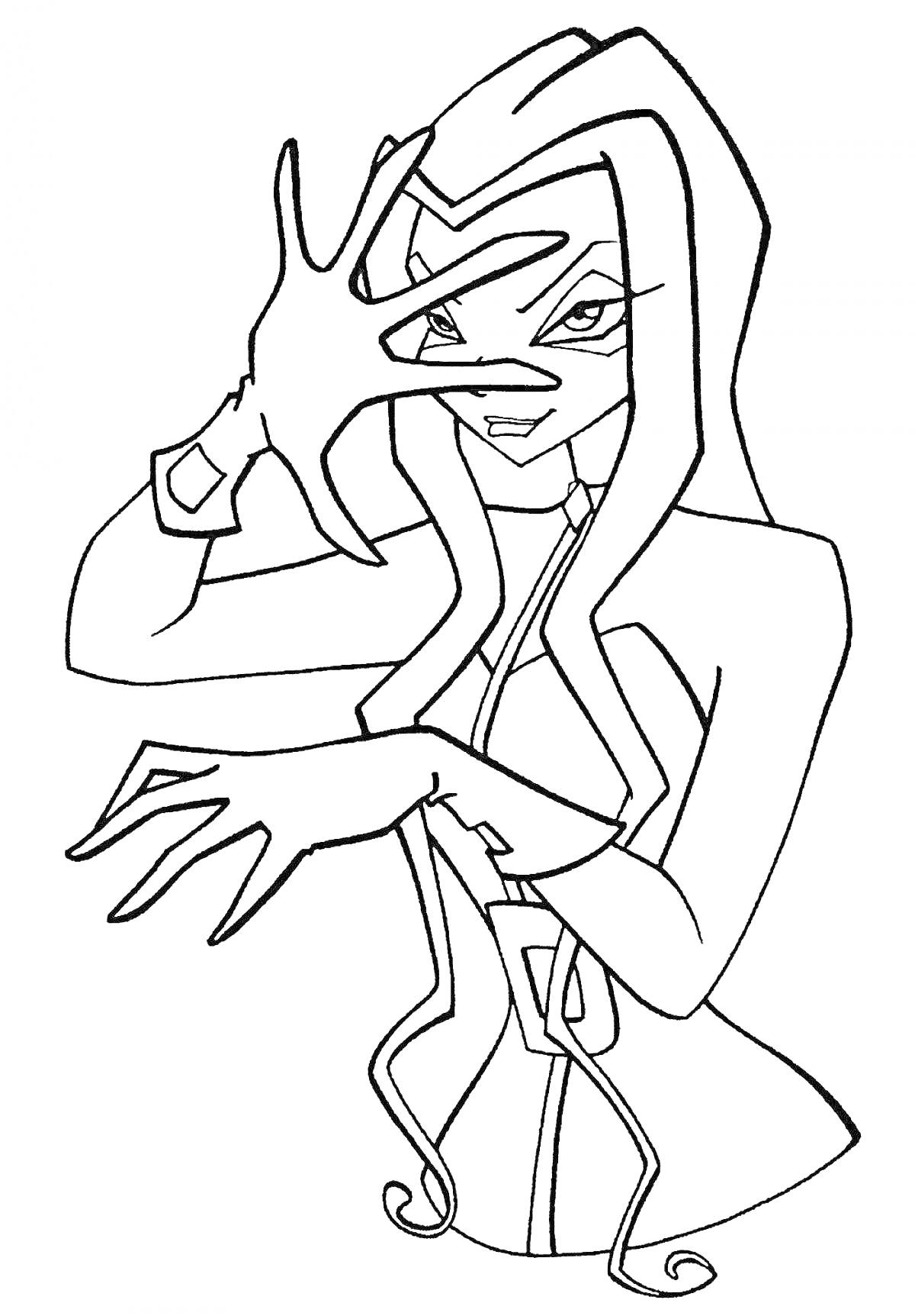 Раскраска Девушка с длинными волосами в магической позе, руки перед лицом