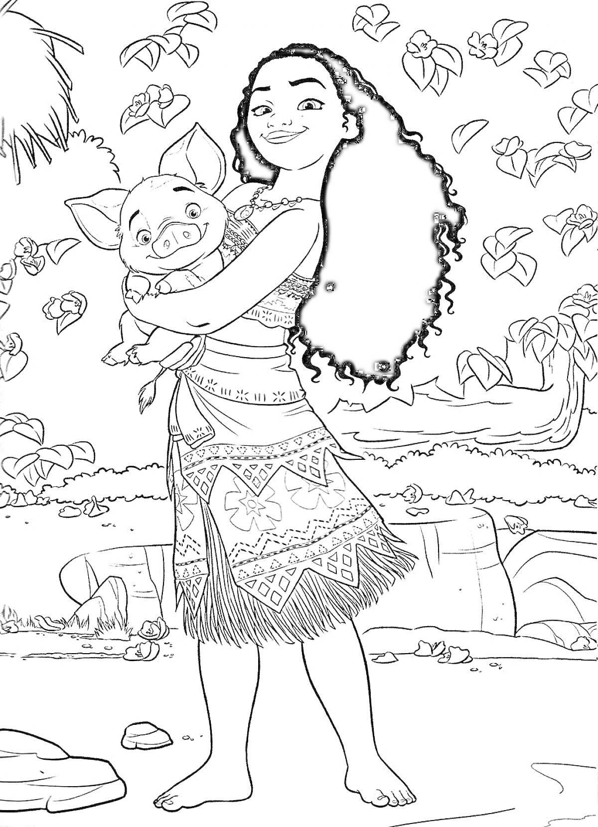 Раскраска Девочка с длинными волосами и поросенком на руках на фоне тропического пейзажа, деревьев и листьев.