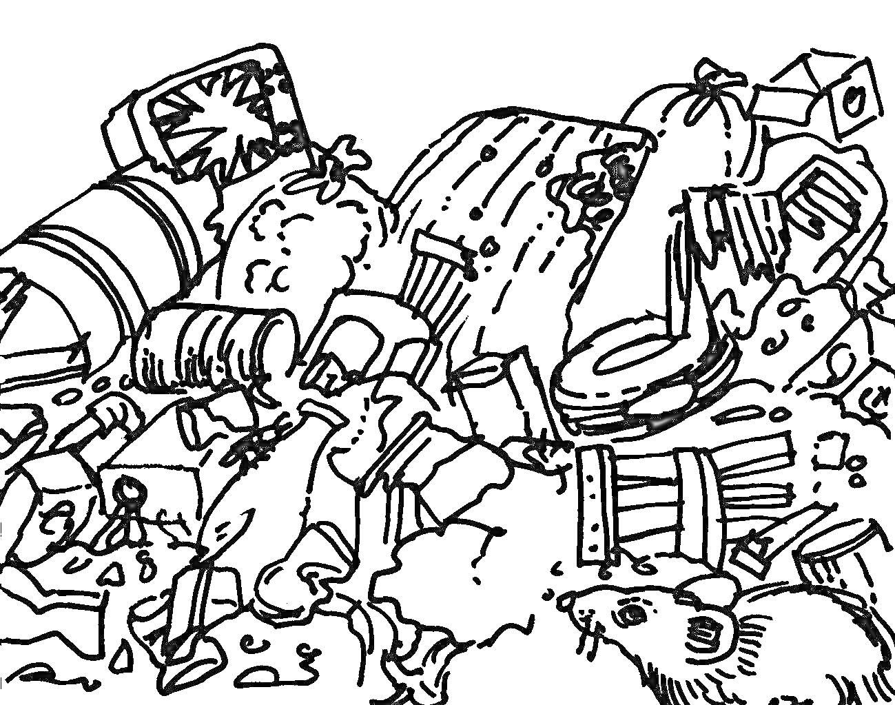 Раскраска Мусорная свалка с различными отходами, крысой и растениями