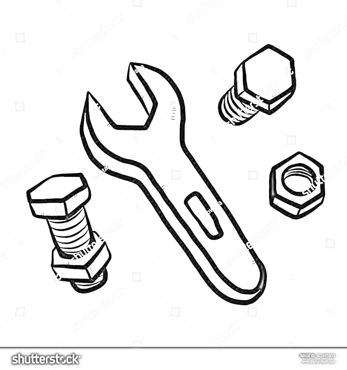 На раскраске изображено: Гаечный ключ, Гайка, Инструмент, Контурные рисунки