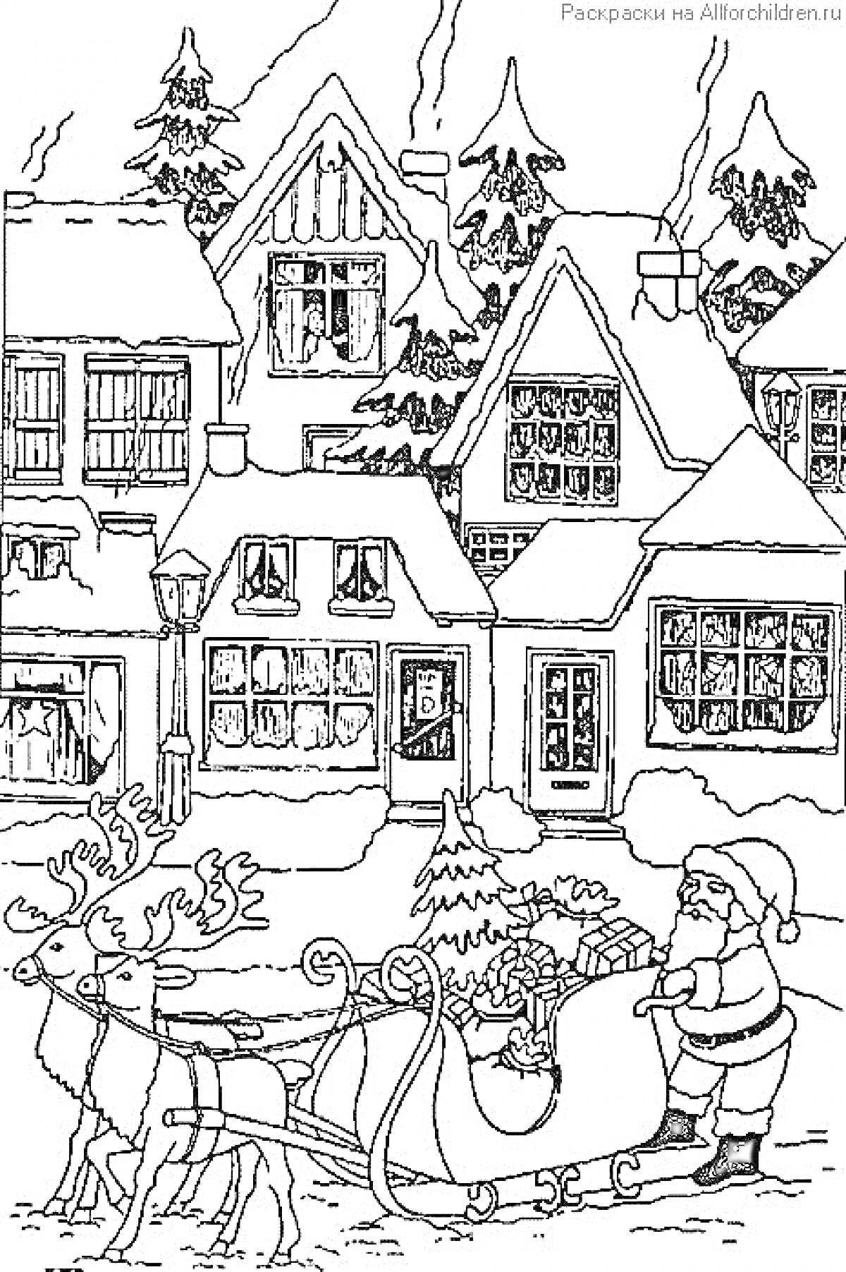 Раскраска Санта-Клаус с оленями и санями на фоне зимней деревни с домами и ёлками